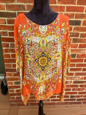 Karen Kane women's layered scarf top orange mandela print size L